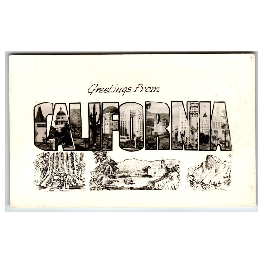 Greetings From California Large Letter RPPC Postcard Redwood Mission Real Photo